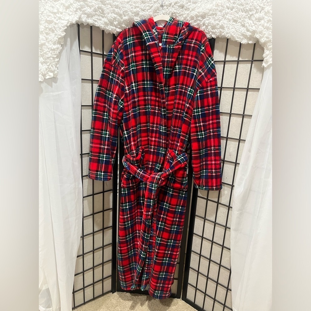 Alexander Del Rossa Red and Blue Plaid MENS PLUSH FLEECE HOODED ROBE SIZE 1X/2X